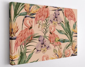 Abstract Tropical Flower And Pink Flamingos Canvas Print, Contemporary Canvas Art, Flamingos Wall Art