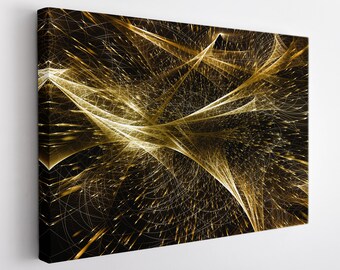 May include: Abstract art print featuring a swirling pattern of gold lines on a black background.