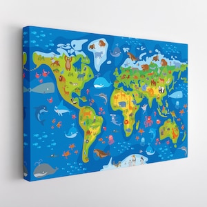 Kids Wereldkaart Canvas Print, Wereldkaart Kunst aan de Muur, Wereldkaart Canvas Kunst, Kinderkamer Decor