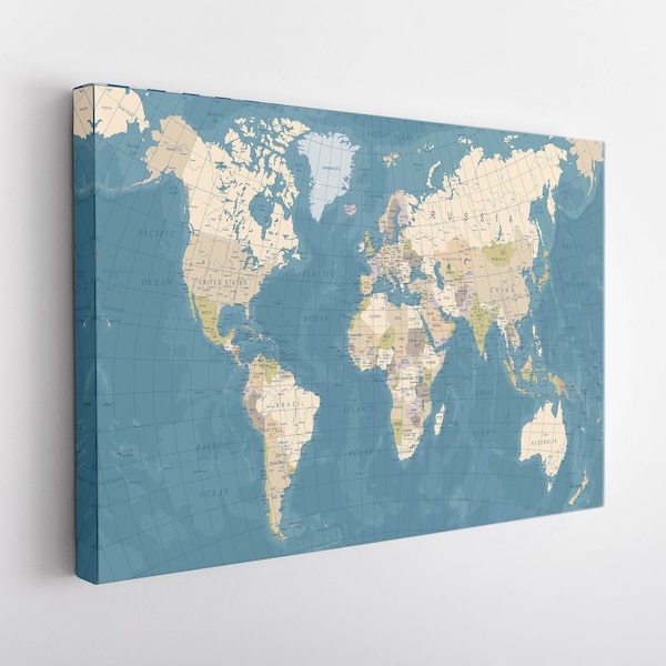 World Map Canvas Print, World Map Wall Art, Push Pin World Map Print