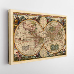 Vintage Weltkarte Leinwanddruck, Weltkarte Wandkunst, Antike Weltkarte Leinwandkunst