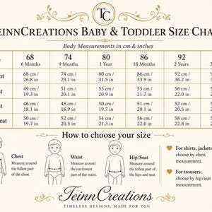 Puede incluir: Una tabla de tallas para beb&eacute;s y ni&ntilde;os peque&ntilde;os de TeinnCreations con medidas en cent&iacute;metros y pulgadas para las tallas 68 a 98. Incluye altura, pecho, cintura y cadera, junto con instrucciones ilustradas sobre c&oacute;mo tomar las medidas.