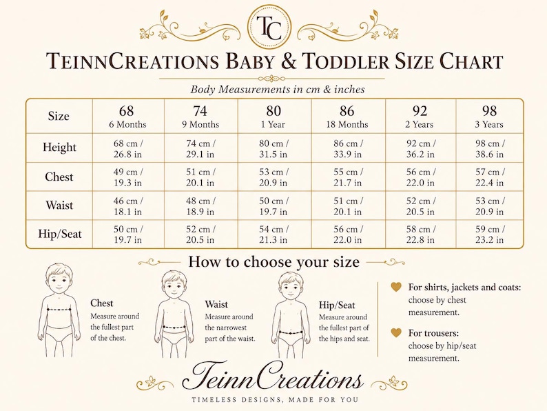 Puede incluir: Una tabla de tallas para beb&eacute;s y ni&ntilde;os peque&ntilde;os de TeinnCreations con medidas en cent&iacute;metros y pulgadas para las tallas 68 a 98. Incluye altura, pecho, cintura y cadera, junto con instrucciones ilustradas sobre c&oacute;mo tomar las medidas.