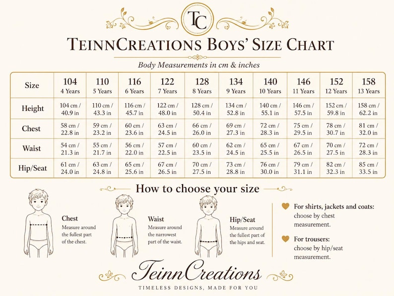 Puede incluir: Una tabla de tallas para ni&ntilde;os de TeinnCreations, con medidas de altura, pecho, cintura y cadera en cent&iacute;metros y pulgadas para las tallas 104 a 158. Incluye ilustraciones que muestran d&oacute;nde medir el pecho, la cintura y la cadera.
