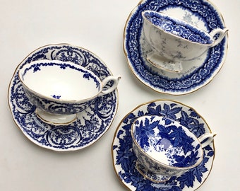 Coalport teacup and saucer. Vintage blue and white tea cup and saucer. Cobalt blue teacup