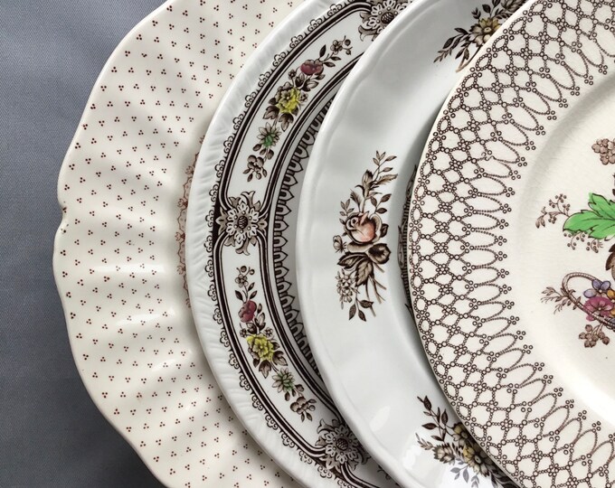 4 Mismatched Dinner Plates. Vintage Brown and Multicolour Transferware