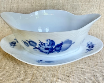 Royal Copenhagen Blue Flowers Braided Gravy Boat, Blue & White Sauce Boat with Attached Underplate