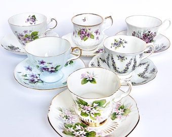 Vintage Teacup and Saucer Set: Violets Floral Tea Party. Priced individually