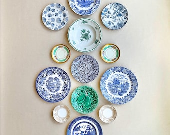 Vintage Emerald Green & Blue Transferware Plate Collection: Mismatched Wall Display