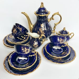 Waldershof Bavaria Cobalt Tea Set, Vintage German Porcelain Tea Service with 22KT Gold Trim