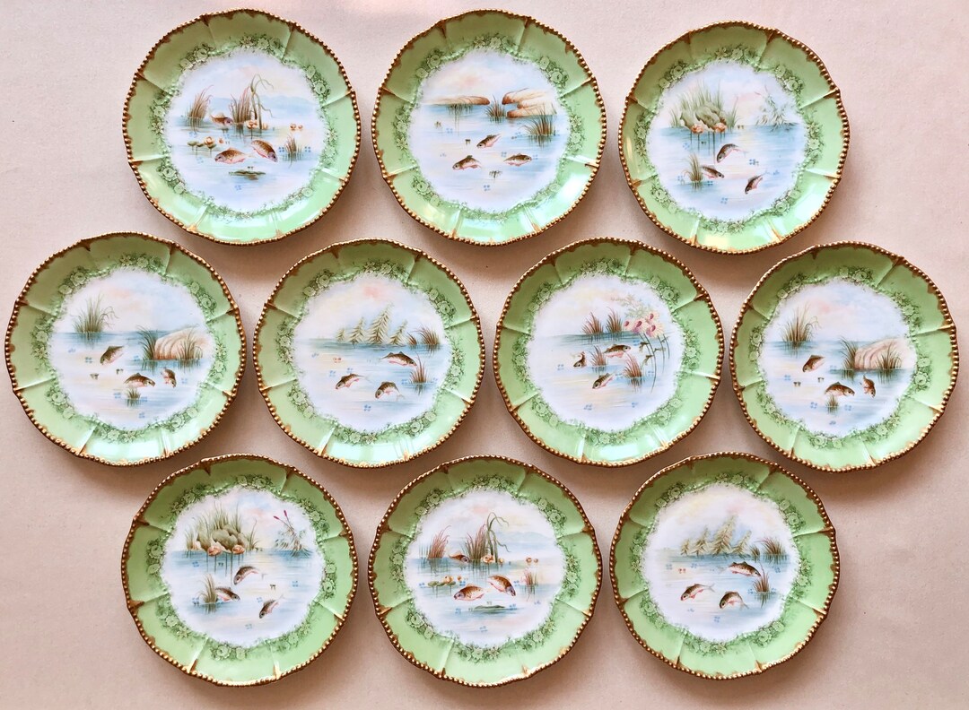 Set of 10 Antique Fish Plates Elite Works Limoges France Etsy