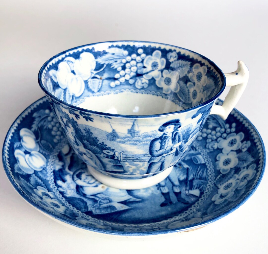 Transferware Antique Blue Transferware Cup and Saucer: