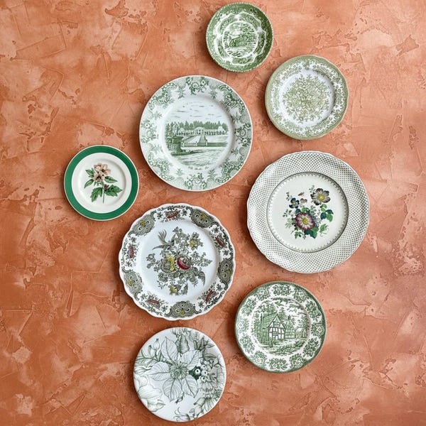 Green Vintage Plate Wall Collection: Mismatched Farmhouse Decor. Gallery Wall plates