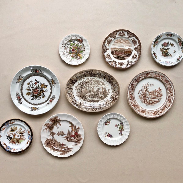 Displaying / cabinet / gallery wall plates. 9 vintage dishes in shades of brown. Brown transferware plates
