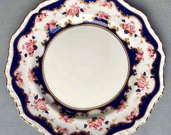 Antique Ashworth Bros Ironstone Dinner Plate: Cobalt Blue Transferware, Hand Painted Flowers