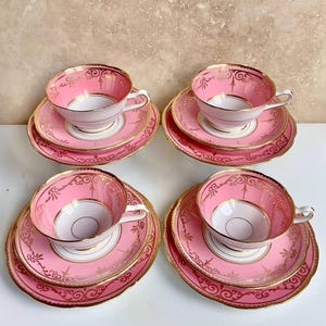 Balmoral Pink China Tea Cup Set: England Dessert Plates & Saucers