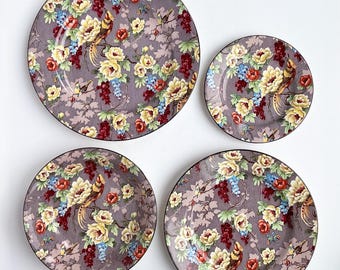 Crown Ducal Florida Mauve Chintz Plates and Bowls, Vintage English China Dinner Lunch Dessert Soup Bowl