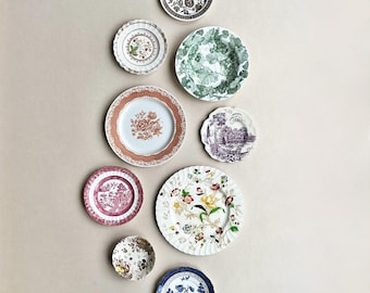 Eclectic Vintage Gallery Wall Set, Mismatched Floral Transferware Plates