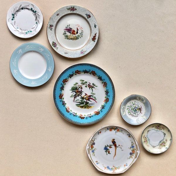 7 gallery wall vintage mismatched china plates. Birds plates. Blue / grey shades. Instant wall decor