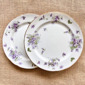 May include: Two white porcelain plates with a gold rim and a floral design featuring purple violets and green leaves. The plates are arranged side by side, showcasing the delicate hand-painted details.