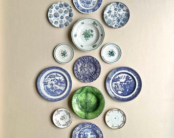 Vintage Emerald Green & Blue Transferware Plate Collection: Mismatched Wall Display