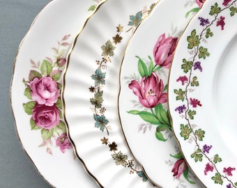 Mismatched dinner plates with flowers. Shelley, Royal Doulton, Gladstone, Adderley bone china from England, 4 pc