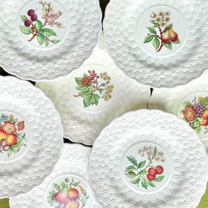 May include: A selection of white ceramic plates with a decorative, scalloped edge. Each plate has a different botanical design in the centre, including cherries, pears, and berries. The plates are arranged in a circular pattern.