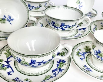 Antique Royal Worcester tea / coffee cups . Blue & Green Floral Pattern. Bone China