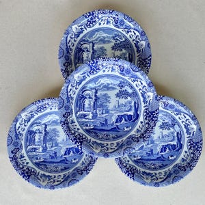 Spode Blue Italian Collection. Blue and white individual pasta bowls, transferware set, 4 pc