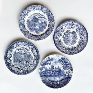 Vintage Transferware Plates: Blue & White Gallery Wall Decor, Set of 4