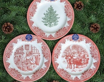 Christmas SALAD plates. Royal Stafford, England. New red transferware, set of 2 or 3