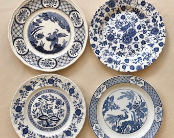 Blue and white dinner plates, mismatched transferware set. Gallery wall plates. Wall decor