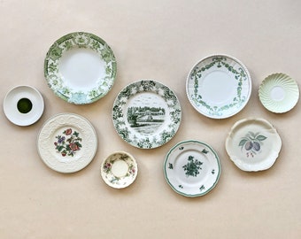 9 antique and vintage displaying / cabinet / gallery wall plates. Green shades plates