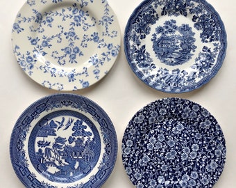 4 blue and white transferware plates from England.  Royal Winston, Royal Stafford, Churchill salad plates