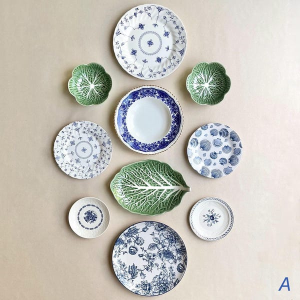 Blue White Plate Wall Set, Vintage Mismatched Plates, Gallery Wall Decor