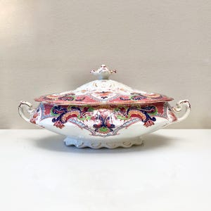 Antique red / burgundy transferware with colour hand painted over it covered vegetable dish / tureen. Rare. Collectible