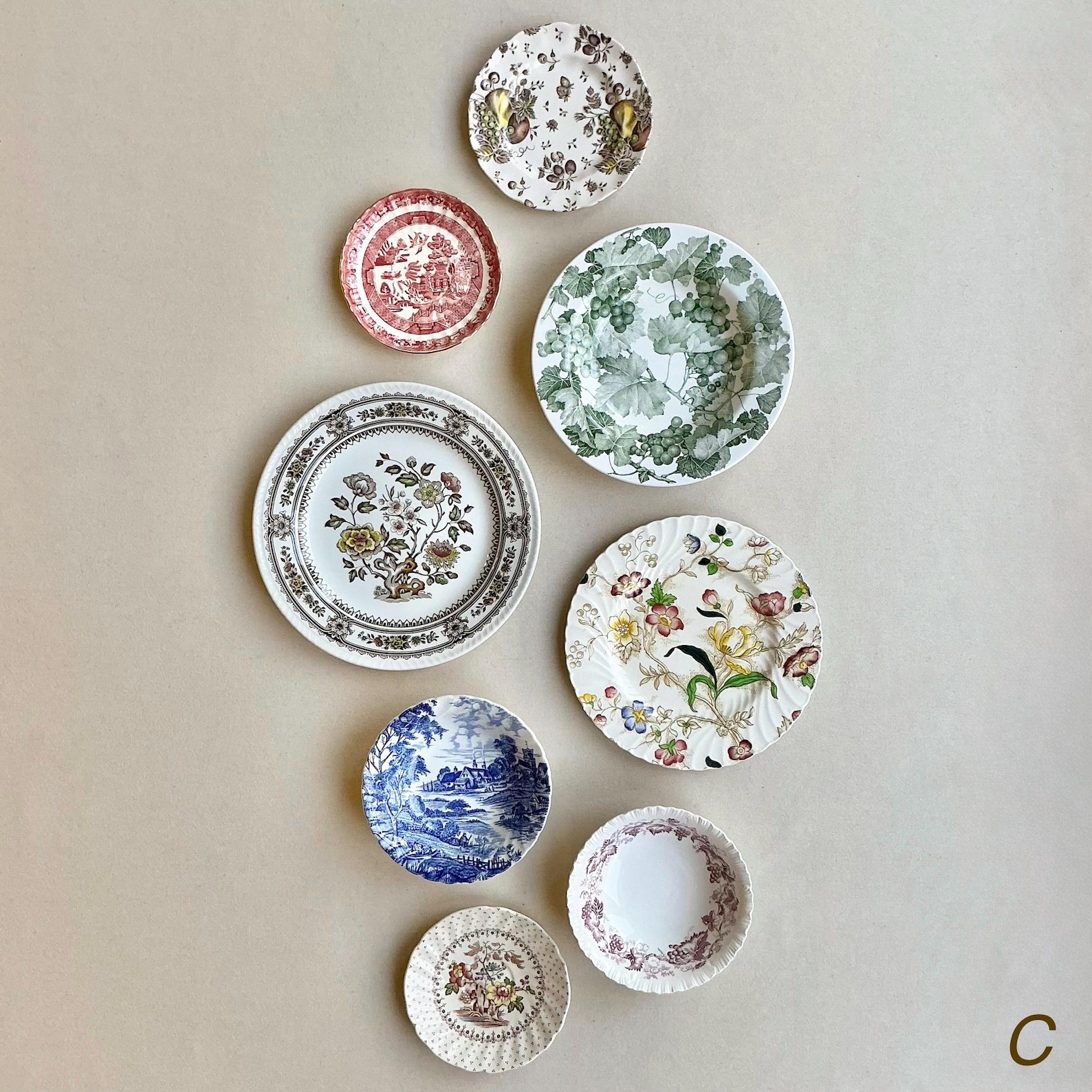 Eclectic Vintage Gallery Wall Set, Mismatched Floral Transferware Plates