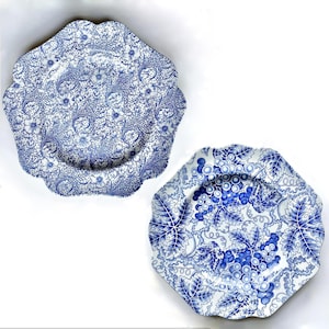 May include: Two decorative ceramic plates with scalloped edges. One plate features a blue and white floral pattern, the other a grape and leaf design. The plates are set against a white background.