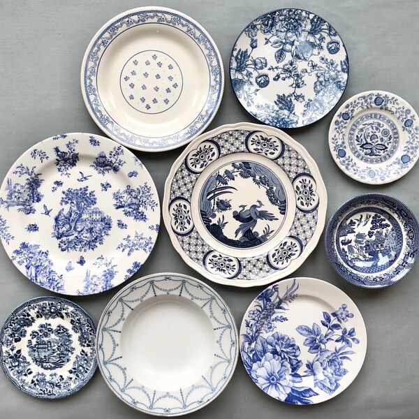 Mismatched transferware blue/teal and white dishes. Mix and match plates.  9 items