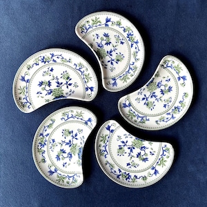 Royal Worcester Crescent Salad Plates. Blue & Green Floral Pattern. Antique Bone China