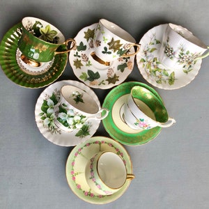 Mismatched  teacups and saucers. Shades of green tea cups. Garden Tea Party, Birthday Wedding Bridal Baby shower gift