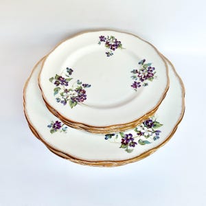 May include: A stack of white ceramic plates with a scalloped edge and gold trim. Each plate is decorated with clusters of purple and white flowers with green leaves. The plates are stacked on a white surface.
