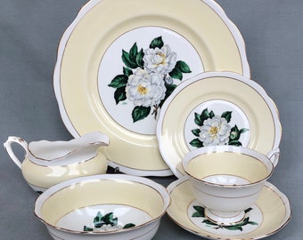 Vaisselle Royal Albert en Lady Clare / Gardénia blanc / Magnolia / Motif rose, Angleterre. Assiettes plates, tasses à thé et soucoupes, assiettes à dessert