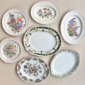 Vintage Floral Serving Platters. Green Transferware