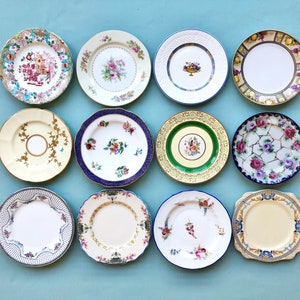 12 antique / vintage mismatched dessert / side / bread and butter plates. Gallery wall plates. Shabby chic