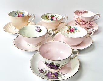 Vintage Pastel Pink Tea Cups and Saucers: Floral Gold Trim, Bridal Shower Decor