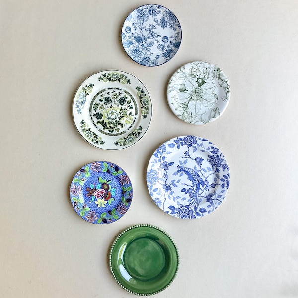 Blue Green Gallery Wall Plates, Vintage Mismatched Plates, Cottagecore Wall Decor
