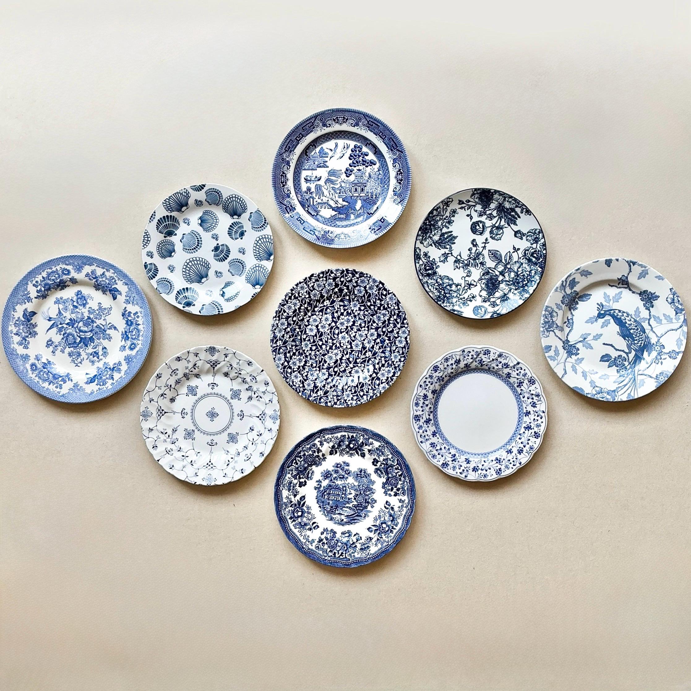 9 blue and white plates.  Mismatched salad plates. Gallery wall plates. Instant wall decor plates