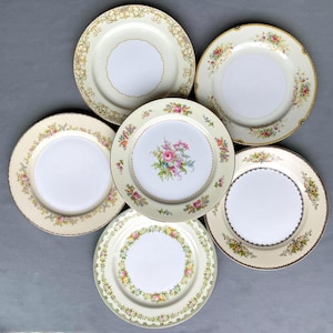 Mismatched vintage dinner plates from Japan, Meito China, Noritake and Royal China. Priced individually