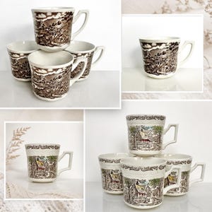 May include: A collection of ceramic mugs featuring detailed brown and white transferware patterns depicting rural landscapes with houses, trees, and foliage. Each mug has a sturdy handle and a flared rim, showcasing intricate scenes.